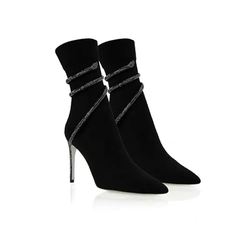 European and American Cross-Border Short Boots New Style High-Heeled Pointed Toe Stiletto Heel Rhinestone Knitted Elastic Slim Boots That Make You Look Taller with Ultra-👉(30% advance) 10-15 days delivery, vibrant vogue.