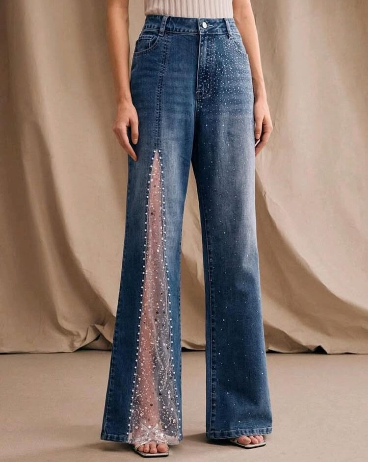Women's Romantic Lace Splice Glitter Diamond Pearl White Pants, Suitable For Spring/Summer, Valentine's Day Party, Vacation