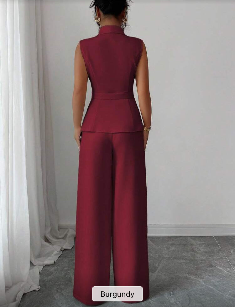 Women Summer Burgundy Elegant Office Dining Outfit,Autumn 2 Pieces Suit Set,Collared Asymmetric Hem Sleeveless Blazer Jacket,Stretchy Waist Trousers