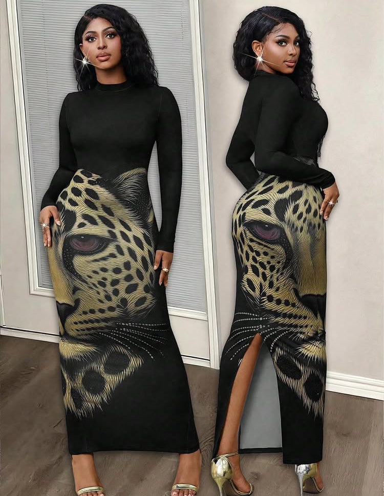 Women's Leopard Print Knit Mock Neck Long Sleeve Bodycon Mini Dress, Sexy Party Wear For Cheetah Print Animal Print Navy Blue