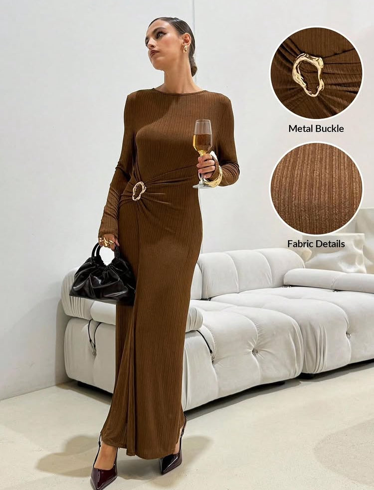 Women's Coffee Brown Elegant Long Sleeve Dress,Shiny Silk-Like Round Neck Dress With Metal Button Decor Waist Cinched,Fitted Dining Outfits