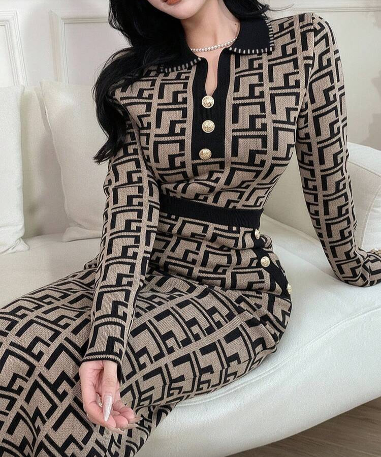 Women's Geometric Pattern Collar Button Design Sweater And Long Knit Midi Skirt 2 Pieces Set,2 Pieces Set