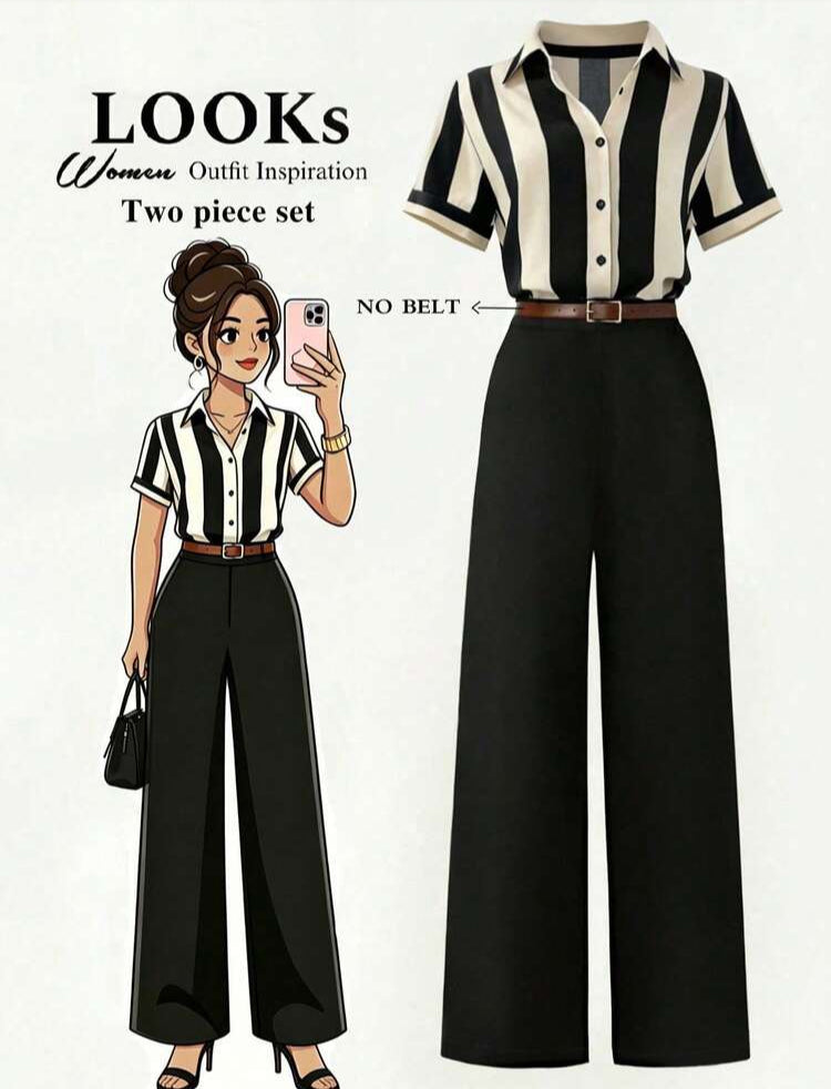 Women's Striped Shirt Top And Solid Color Straight Leg Pants 2 Pieces Set,Black Summer Casual Office Fashion Outfit,Business Work Retro Two Pieces Set