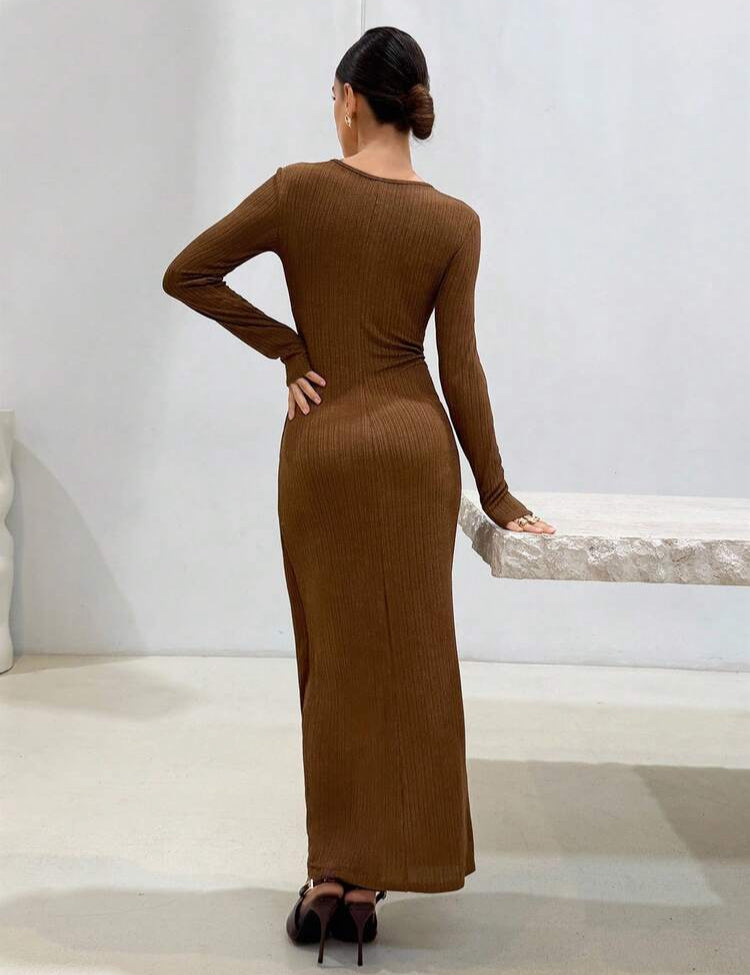Women's Coffee Brown Elegant Long Sleeve Dress,Shiny Silk-Like Round Neck Dress With Metal Button Decor Waist Cinched,Fitted Dining Outfits