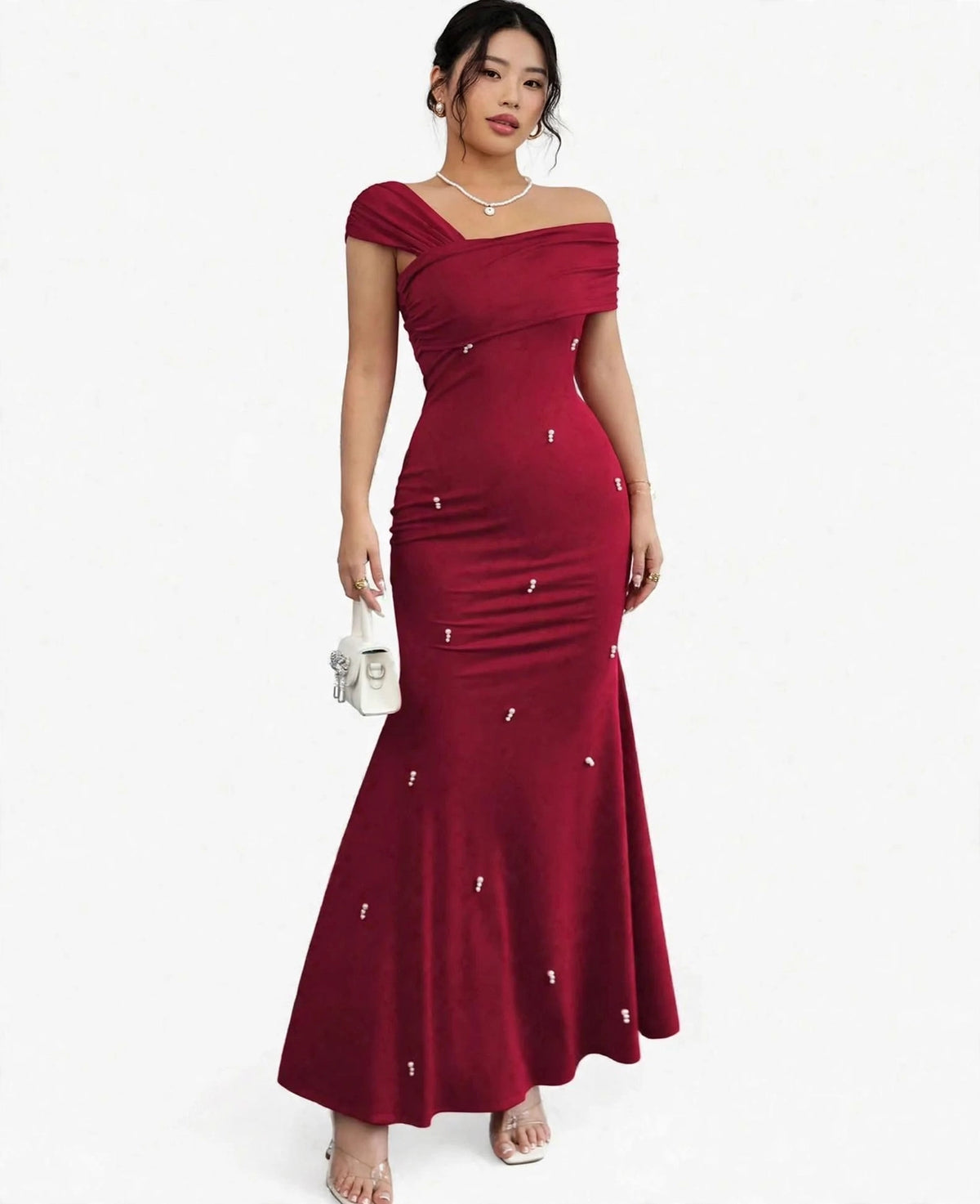 Elegant & Luxurious Asymmetrical Neckline Red Straight Beaded Mermaid Dress For Women.
