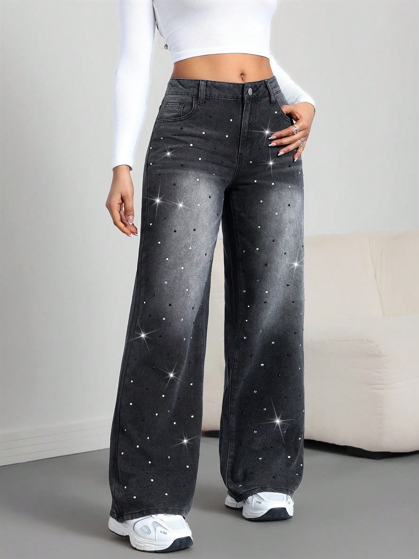 Women's Skinny Fit Straight Cut Rhinestone Embellished Black Jeans, Fall Women Clothes, Tall Women