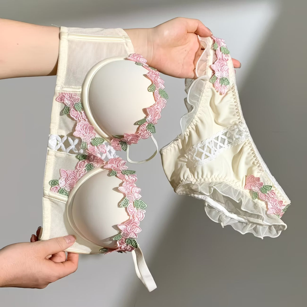 New retro creamy sweet embroidered flower sexy lingerie set for women featuring a push-up and pure sensuality.