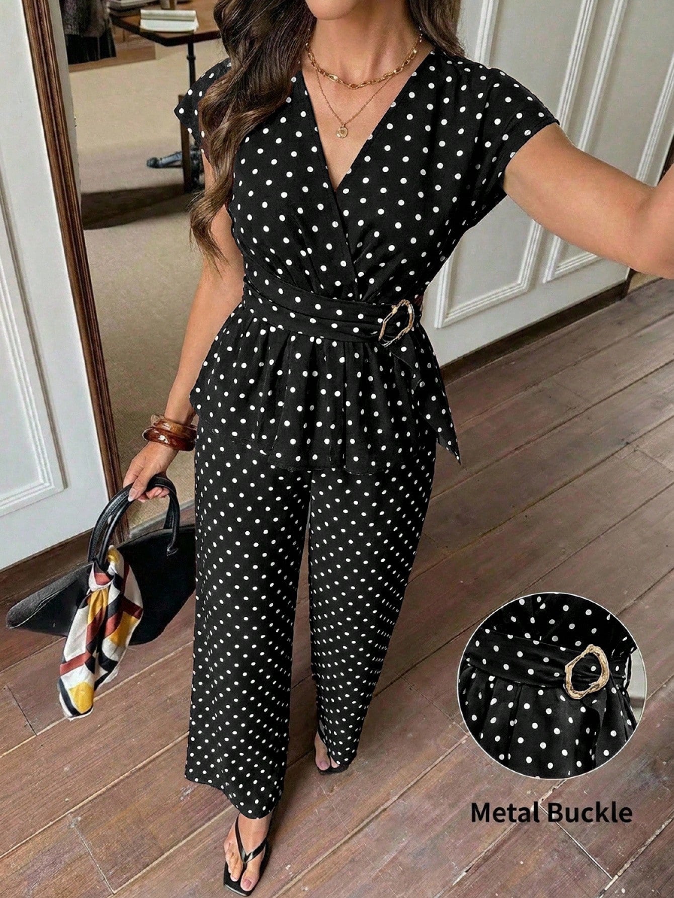 Women's V-Neck Polka Dot Print Short Sleeve Top And Pants 2 Pieces Set