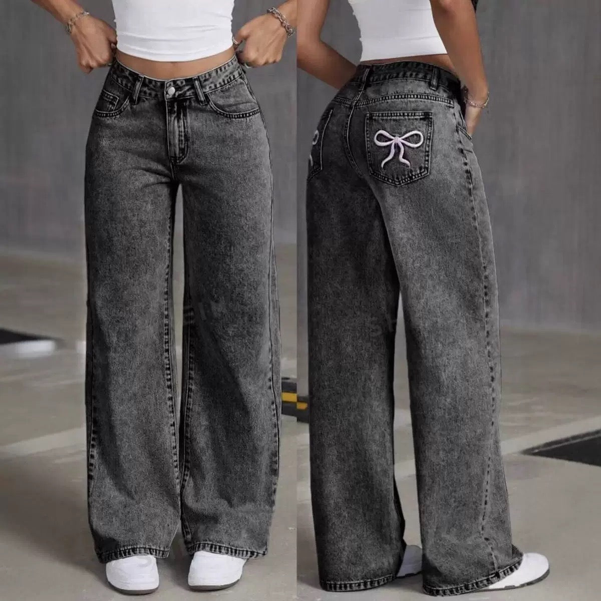 New European and American Cross-Border Women's Casual Wide-Leg Slimming Butterfly Embroidery Design Washed Jeans 👉(30% advance) 10-15 days delivery, vibrant vogue (last picture for size chart)