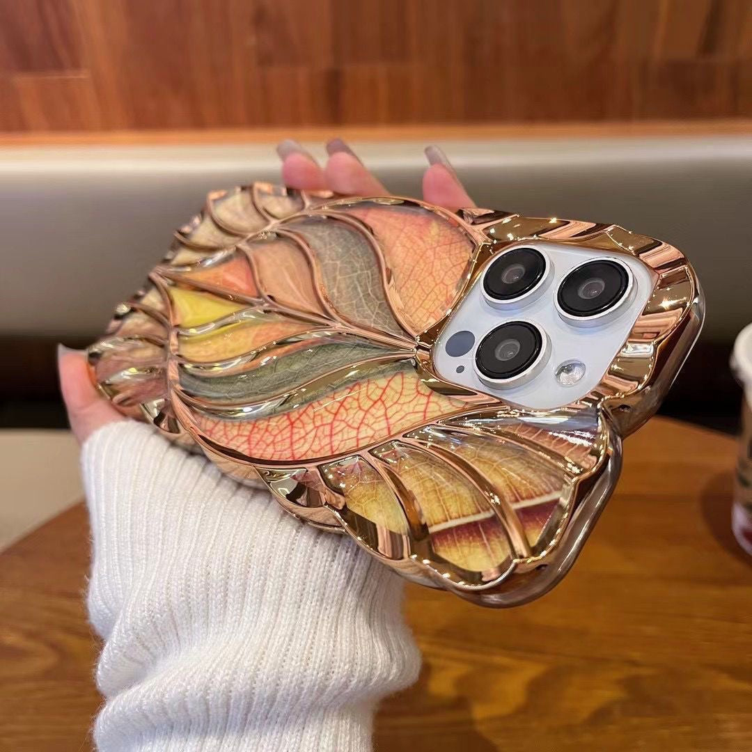 Trendy style" electroplated phone case featuring a leaf design—premium look with large camera cutout, soft material; available for iPhone,vibrant vogue (last picture for size chart)