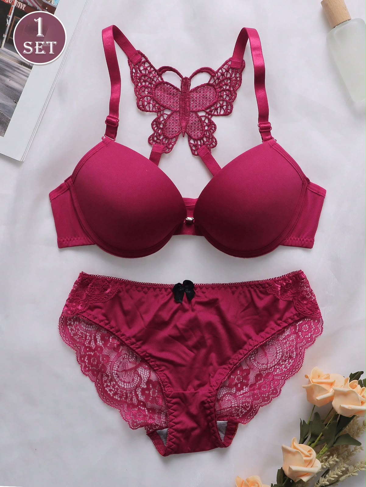 1 Set Women Lace Underwire Push-Up Bra And Panty Set, Lingerie